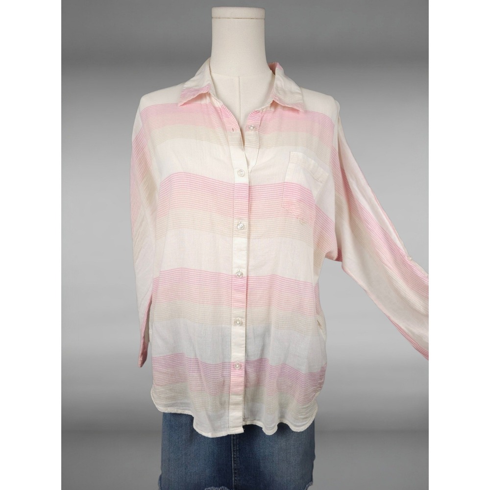 Coastal Boho Striped Cotton Gauze Button Down Roll Tab Shirt Blouse Womens M